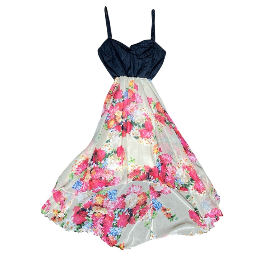 POINT USA Denim Sweetheart Neck Floral Mixed Media Hi Low Dress Beige Sz Medium